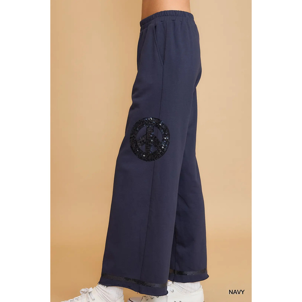 K9222-T-N Umgee French Terry Peace Sequined Pants & Top Set Navy Various Sizes - Picture 3 of 4
